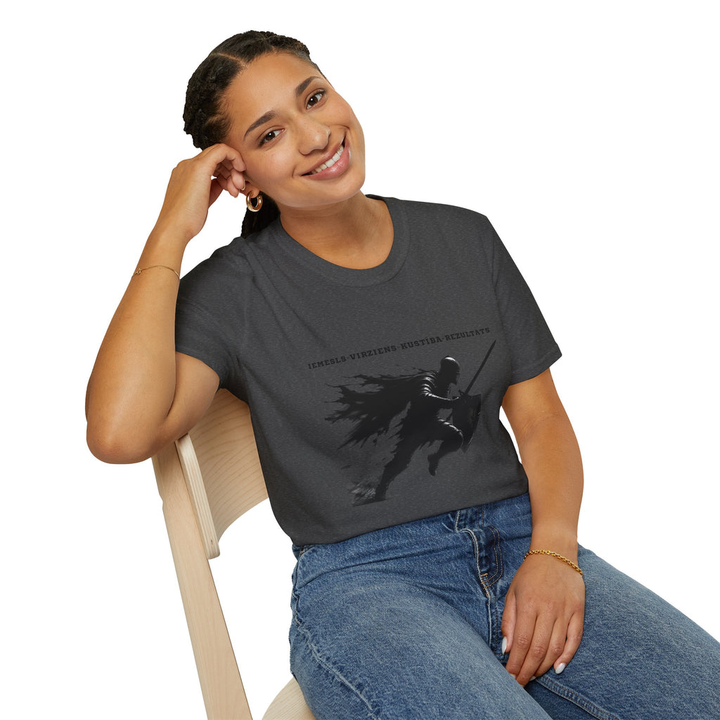 Samurai Silhouette T-Shirt — 'Iemesls‑Virziens‑Kustība‑Rezultāts' Inspirational Graphic Tee
