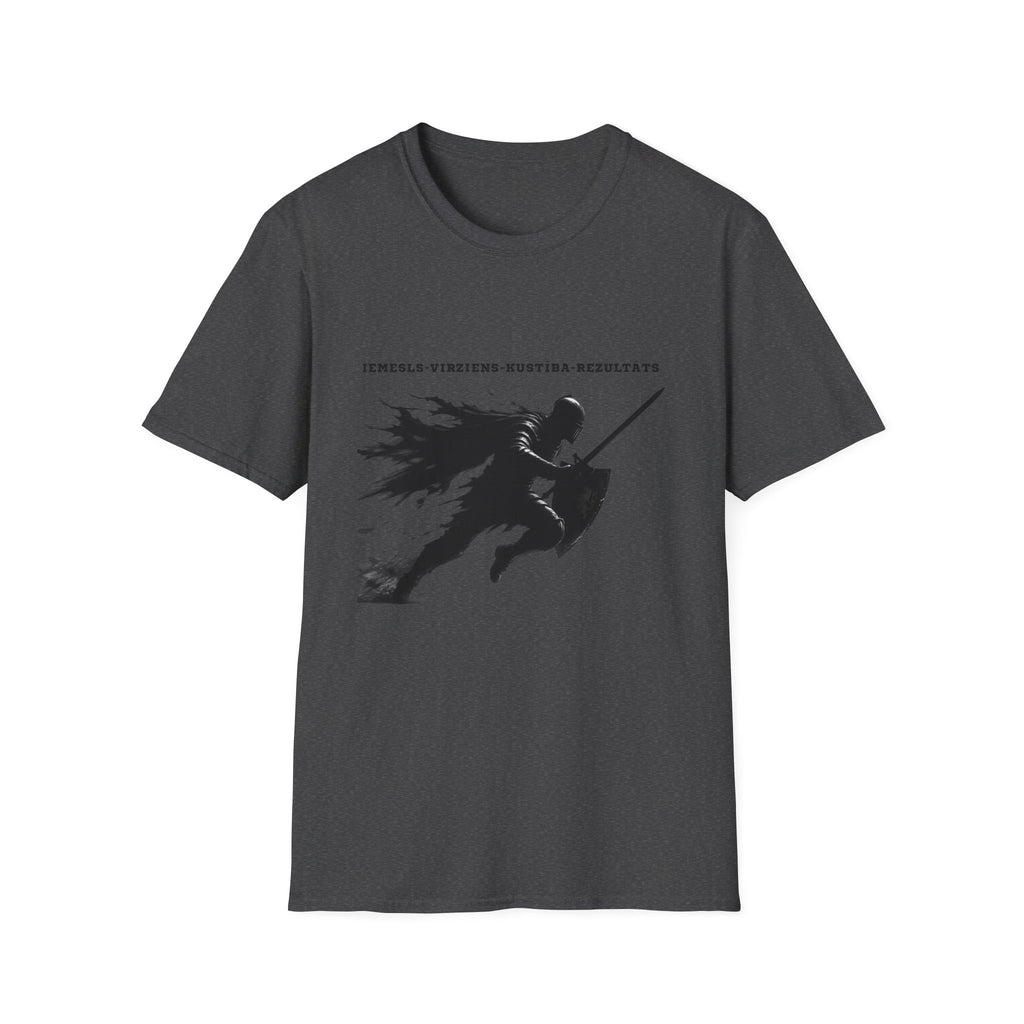 Samurai Silhouette T-Shirt — 'Iemesls‑Virziens‑Kustība‑Rezultāts' Inspirational Graphic Tee