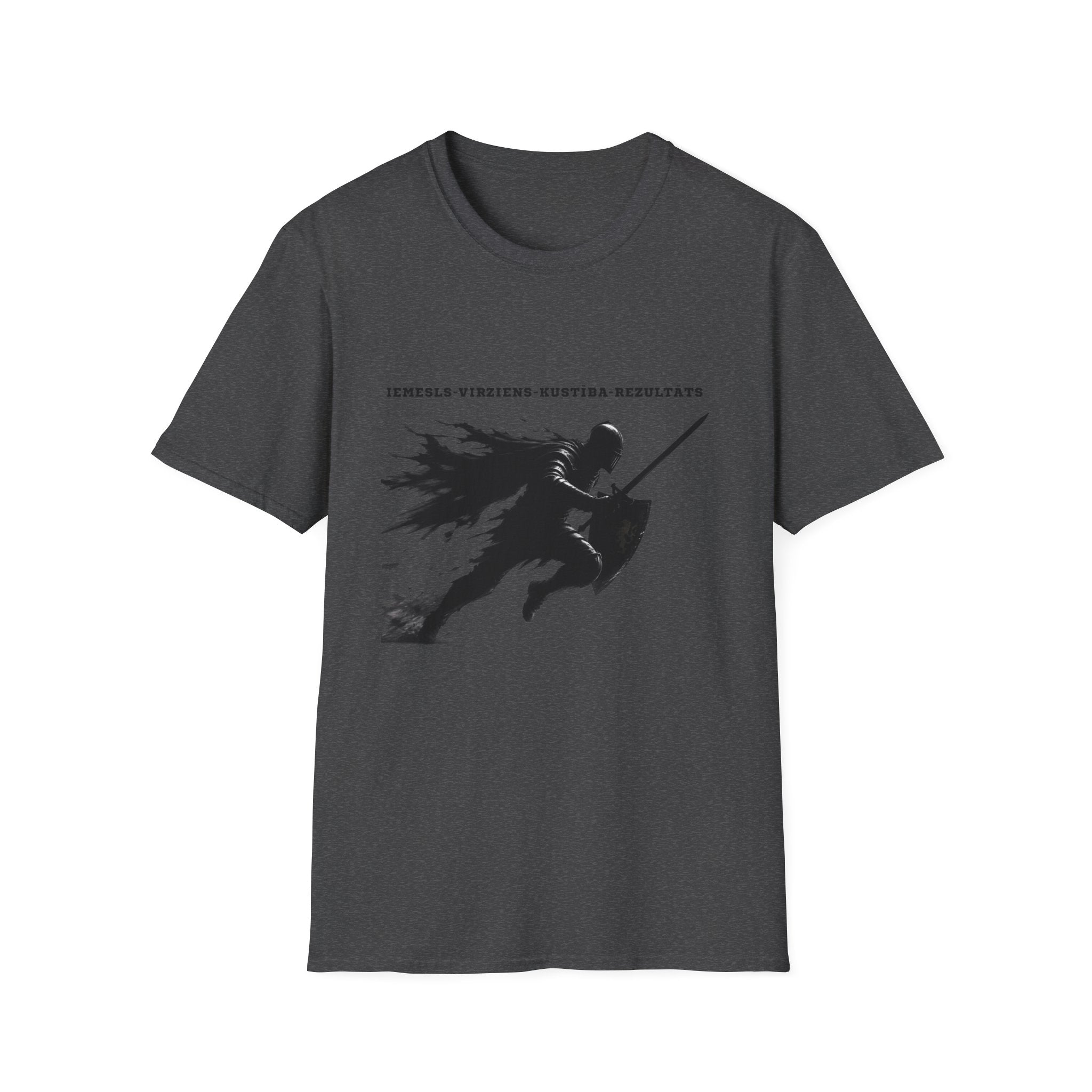 Samurai Silhouette T-Shirt — 'Iemesls‑Virziens‑Kustība‑Rezultāts' Inspirational Graphic Tee