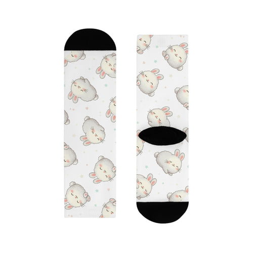 Two socks with cute animal pattern on a white background