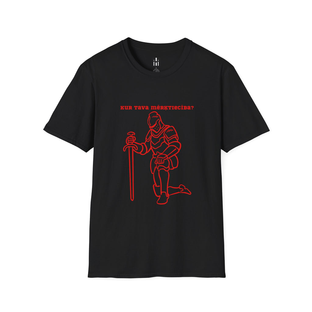 Kneeling Knight T‑Shirt – "Kur tava mērķtiecība?" Red Line Art Medieval Fantasy Tee