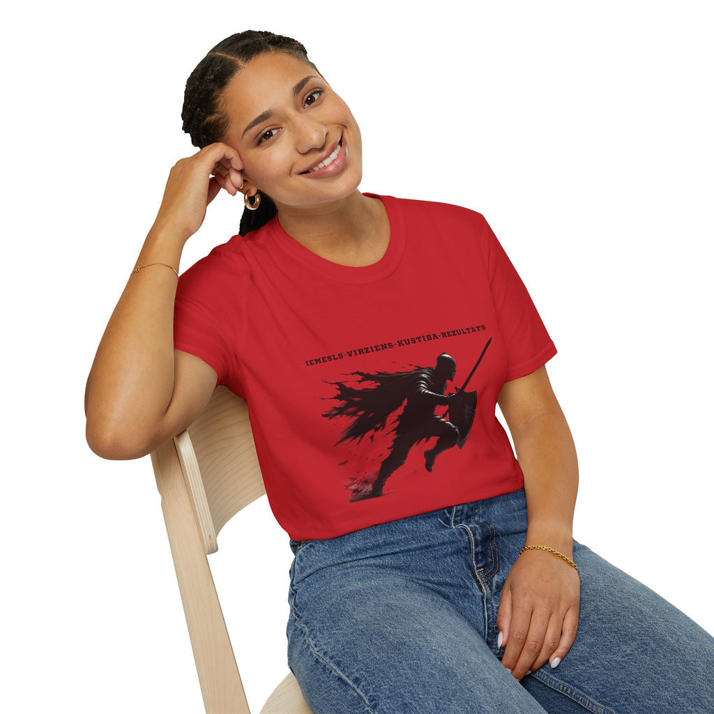 Samurai Silhouette T-Shirt — 'Iemesls‑Virziens‑Kustība‑Rezultāts' Inspirational Graphic Tee