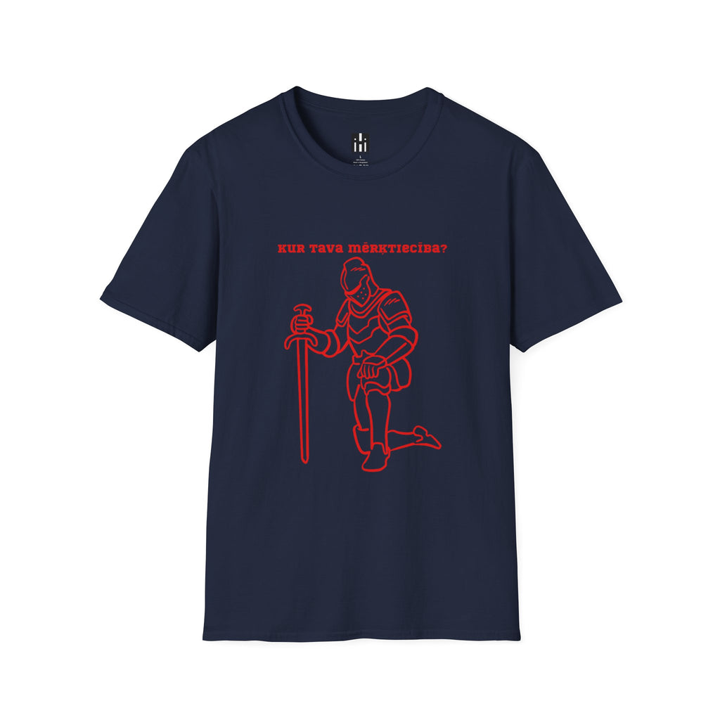 Kneeling Knight T‑Shirt – "Kur tava mērķtiecība?" Red Line Art Medieval Fantasy Tee