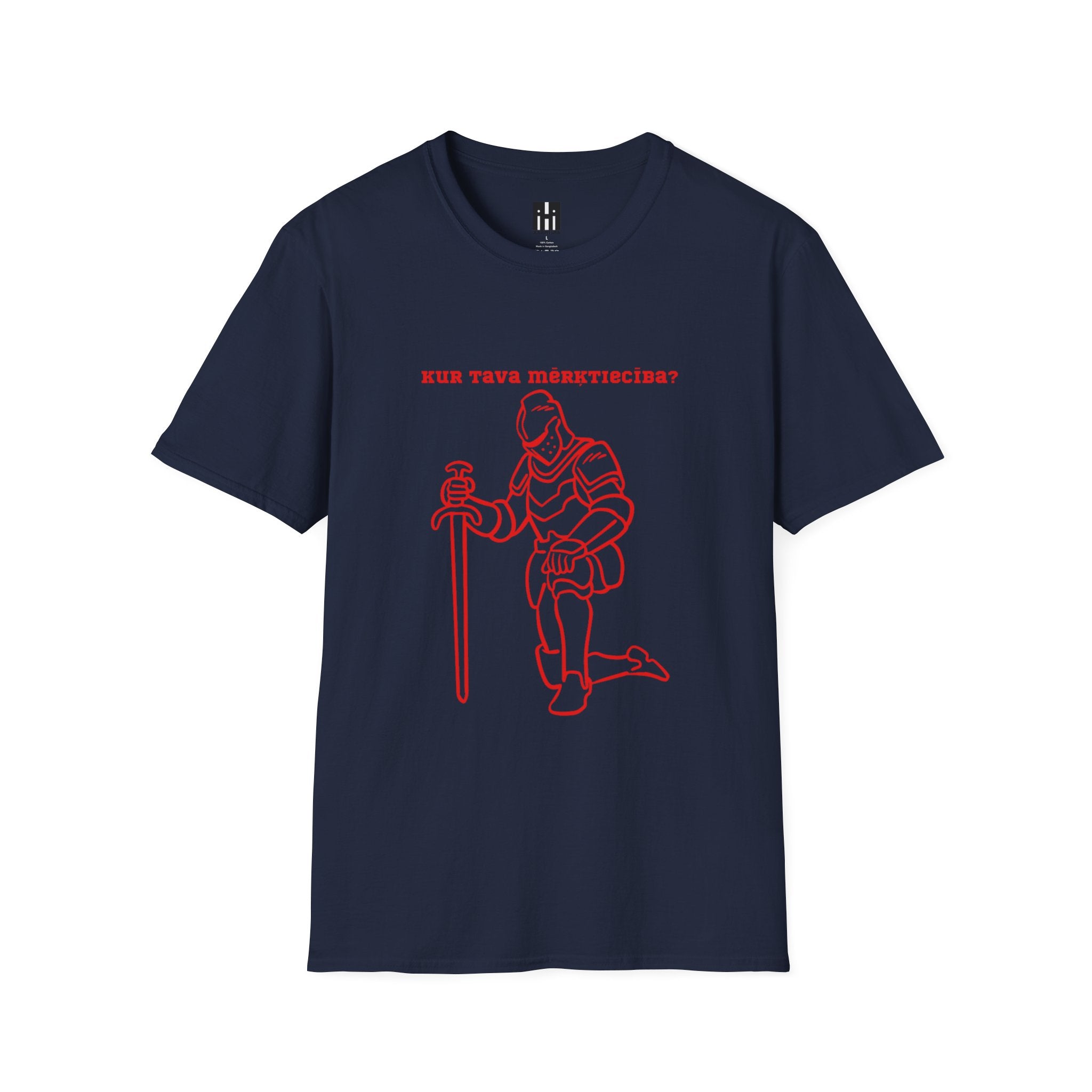 Kneeling Knight T‑Shirt – "Kur tava mērķtiecība?" Red Line Art Medieval Fantasy Tee