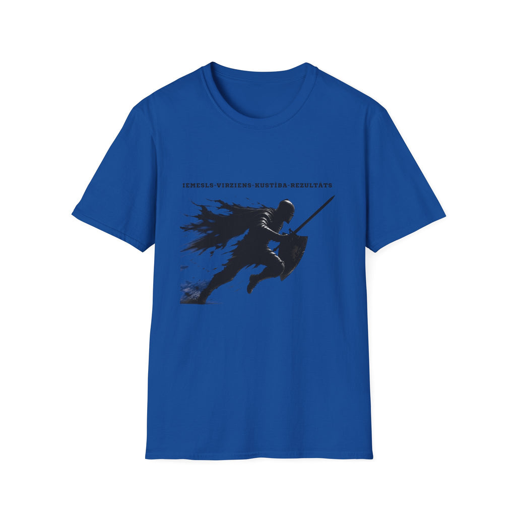 Samurai Silhouette T-Shirt — 'Iemesls‑Virziens‑Kustība‑Rezultāts' Inspirational Graphic Tee