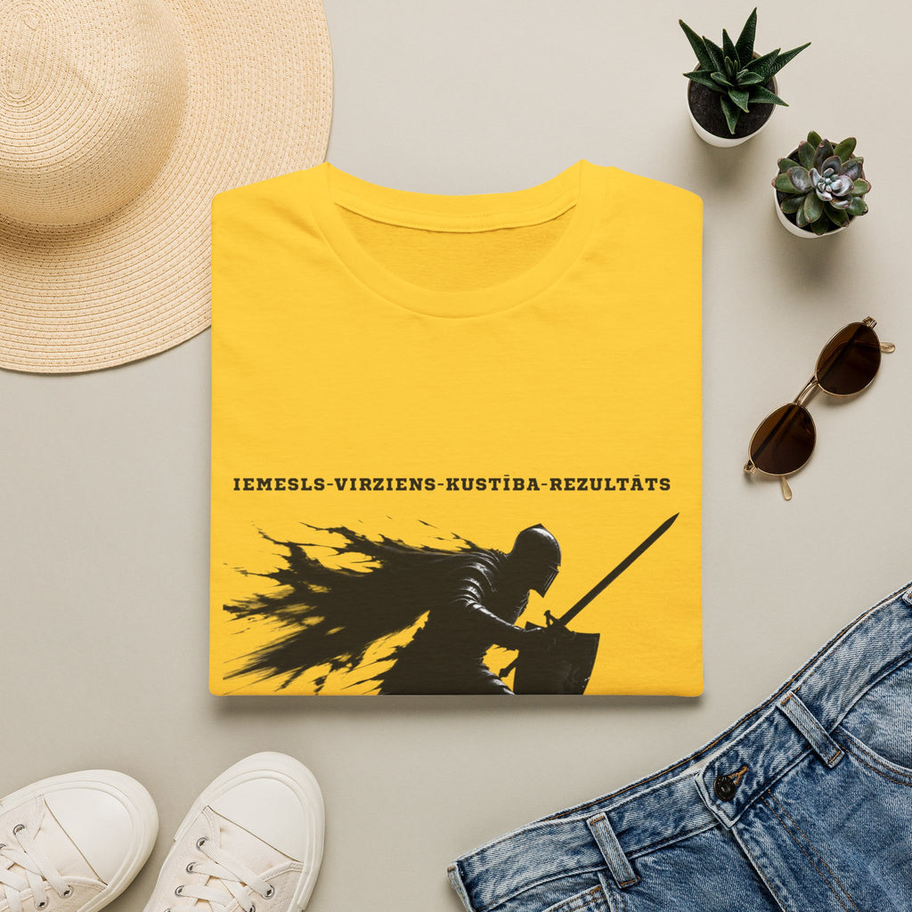 Samurai Silhouette T-Shirt — 'Iemesls‑Virziens‑Kustība‑Rezultāts' Inspirational Graphic Tee