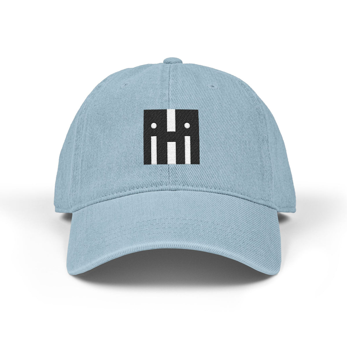 Denim Baseball Hat — Minimal Embroidered 'hi' Logo with Custom Backtext