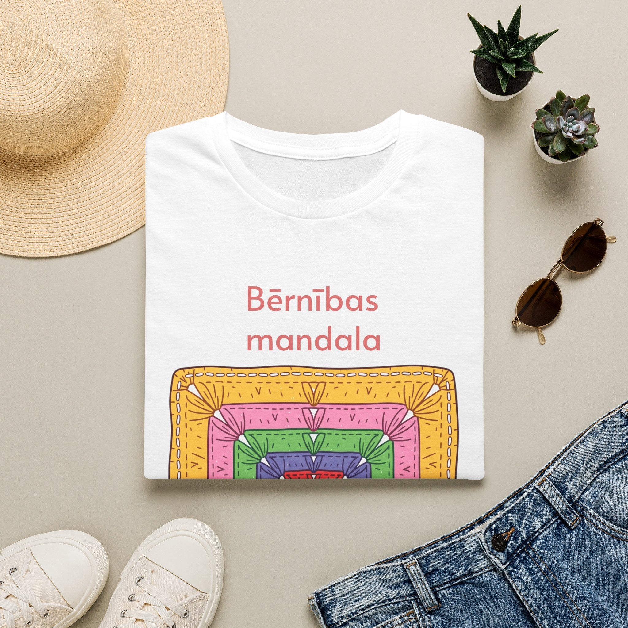Mandala Graphic T-Shirt — 'Bērnības mandala' Colorful Square Design
