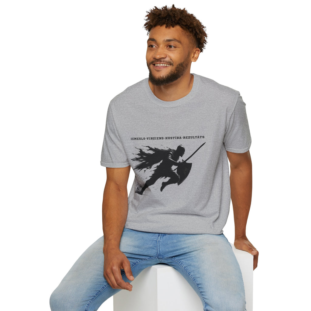 Samurai Silhouette T-Shirt — 'Iemesls‑Virziens‑Kustība‑Rezultāts' Inspirational Graphic Tee