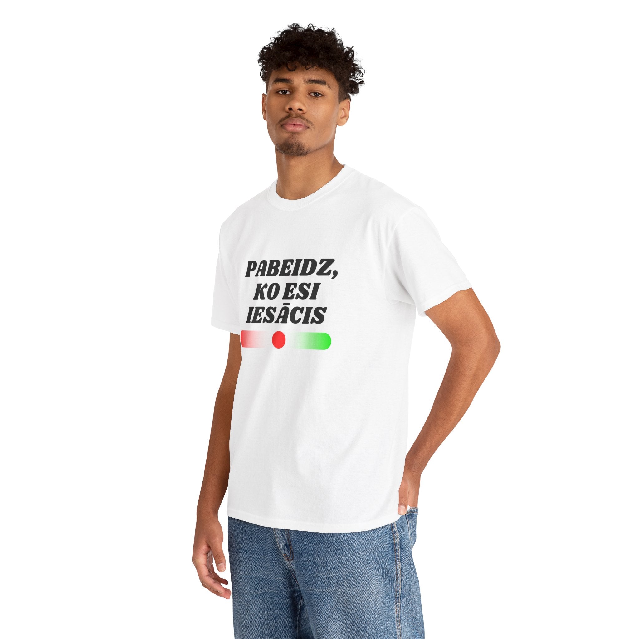 Person wearing a white t-shirt with text and buttons on a white background