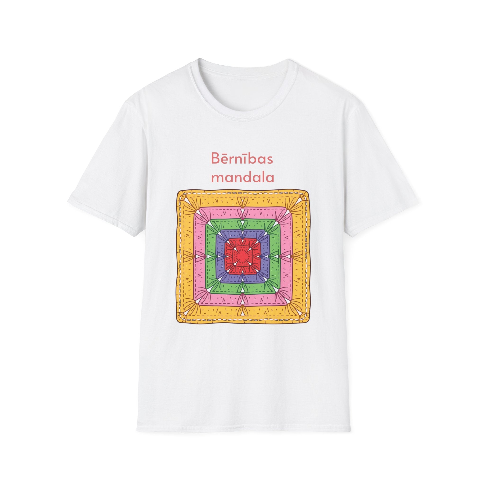 Mandala Graphic T-Shirt — 'Bērnības mandala' Colorful Square Design