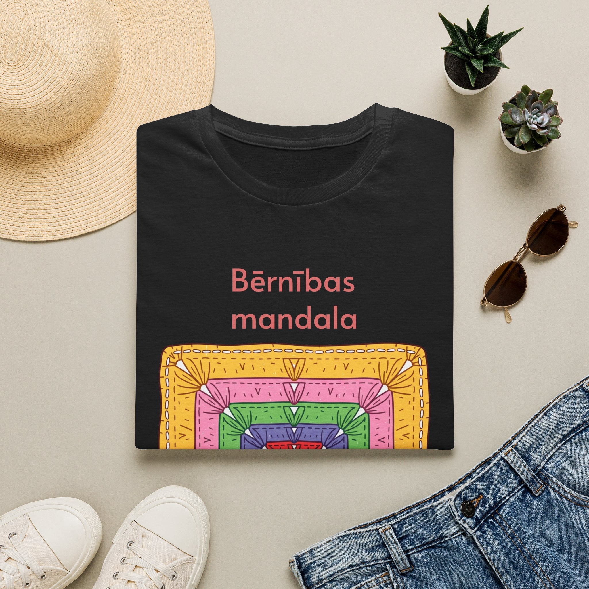 Mandala Graphic T-Shirt — 'Bērnības mandala' Colorful Square Design