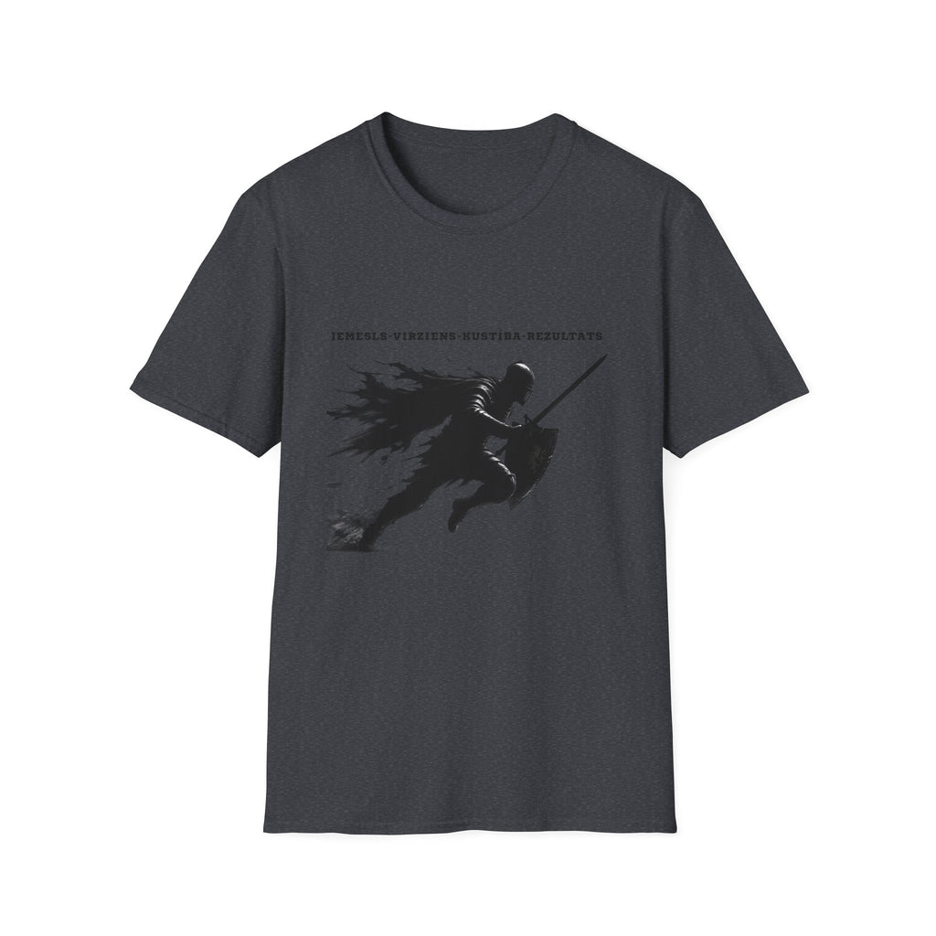 Samurai Silhouette T-Shirt — 'Iemesls‑Virziens‑Kustība‑Rezultāts' Inspirational Graphic Tee