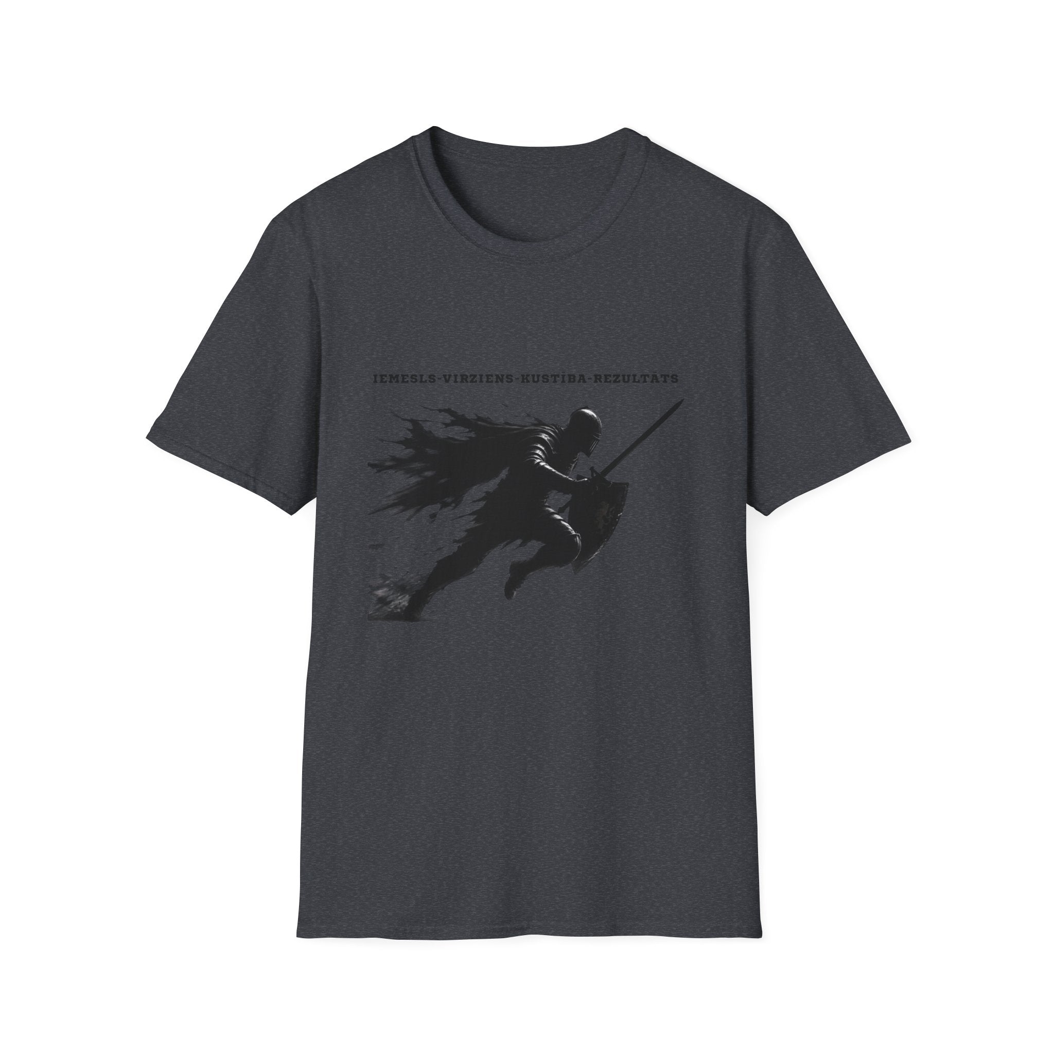 Samurai Silhouette T-Shirt — 'Iemesls‑Virziens‑Kustība‑Rezultāts' Inspirational Graphic Tee