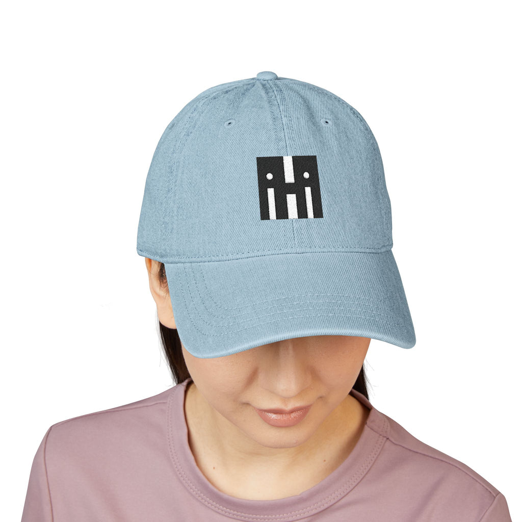 Denim Baseball Hat — Minimal Embroidered 'hi' Logo with Custom Backtext