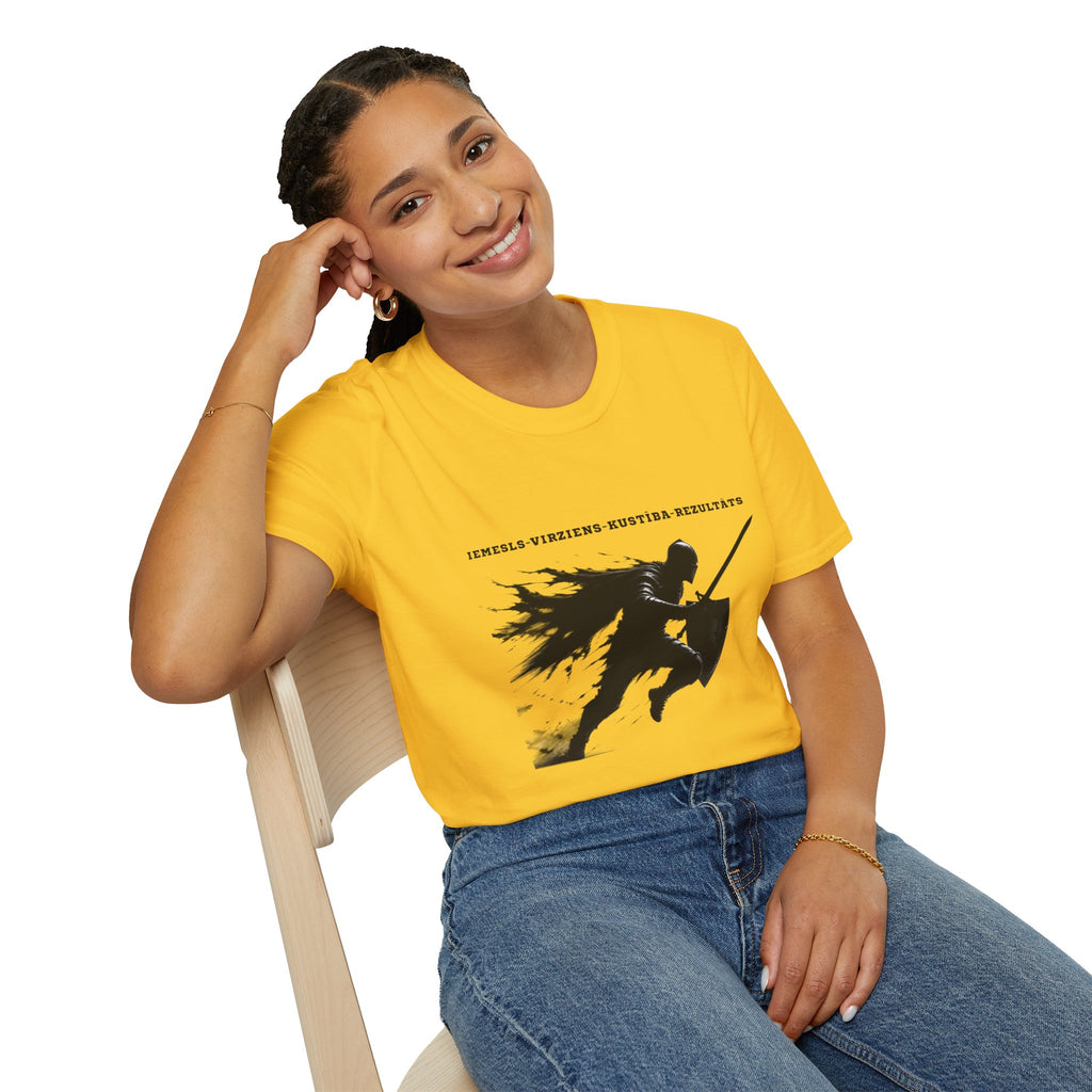 Samurai Silhouette T-Shirt — 'Iemesls‑Virziens‑Kustība‑Rezultāts' Inspirational Graphic Tee