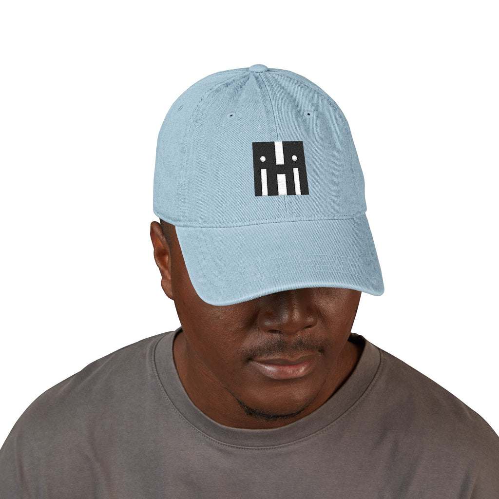 Denim Baseball Hat — Minimal Embroidered 'hi' Logo with Custom Backtext