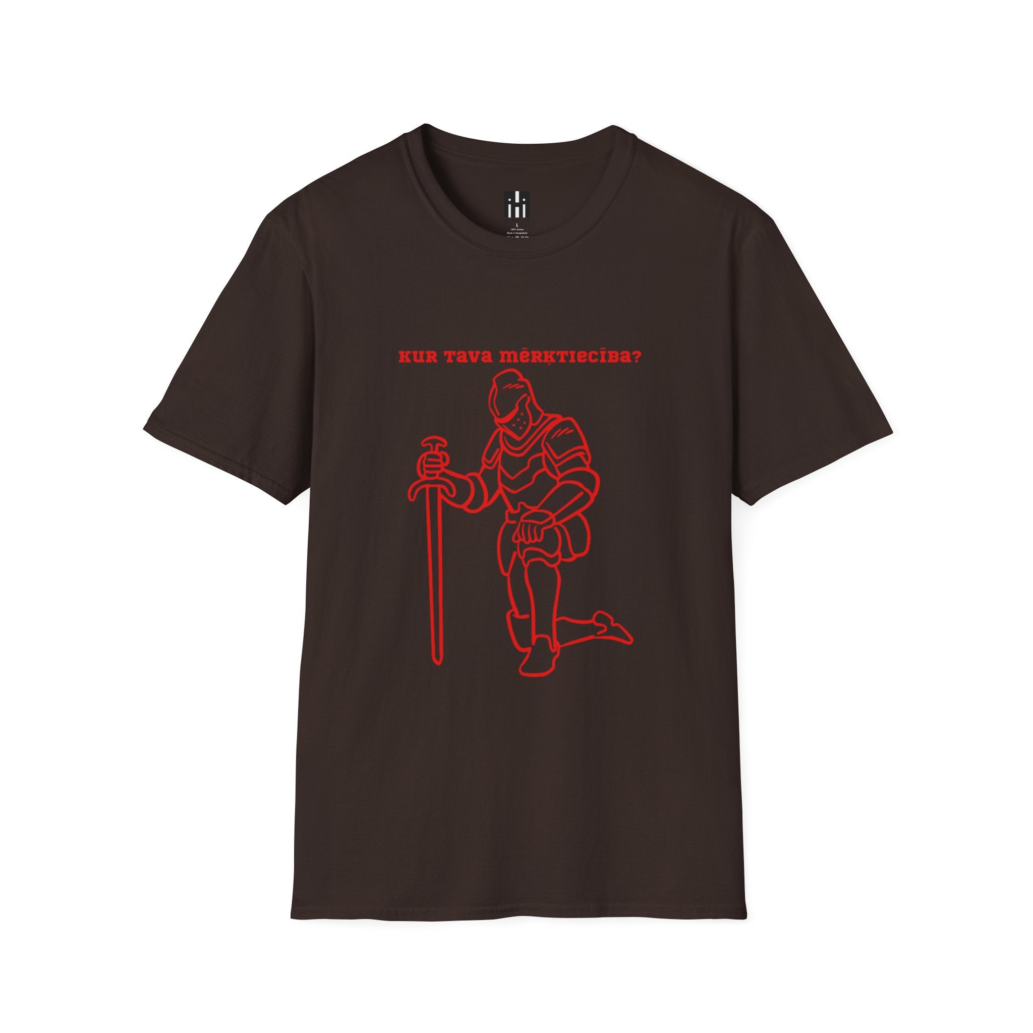 Kneeling Knight T‑Shirt – "Kur tava mērķtiecība?" Red Line Art Medieval Fantasy Tee