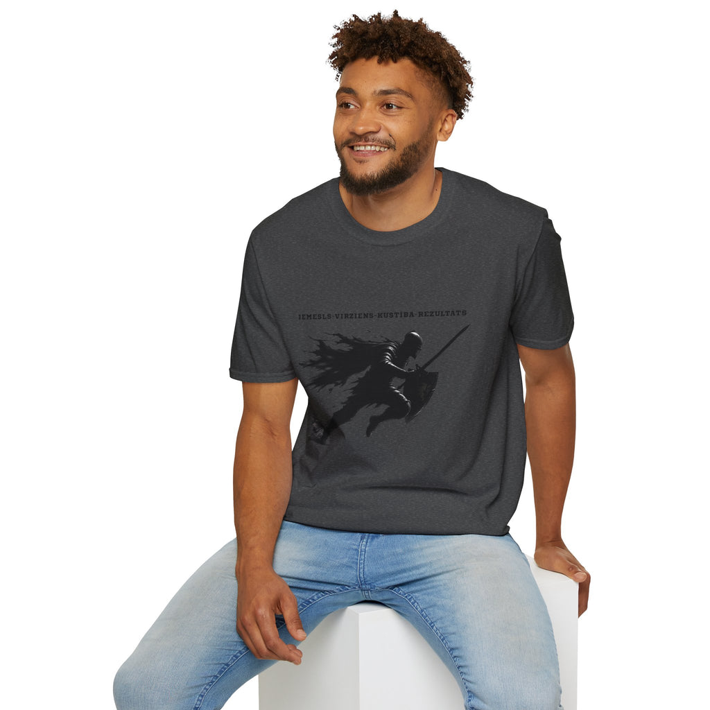 Samurai Silhouette T-Shirt — 'Iemesls‑Virziens‑Kustība‑Rezultāts' Inspirational Graphic Tee