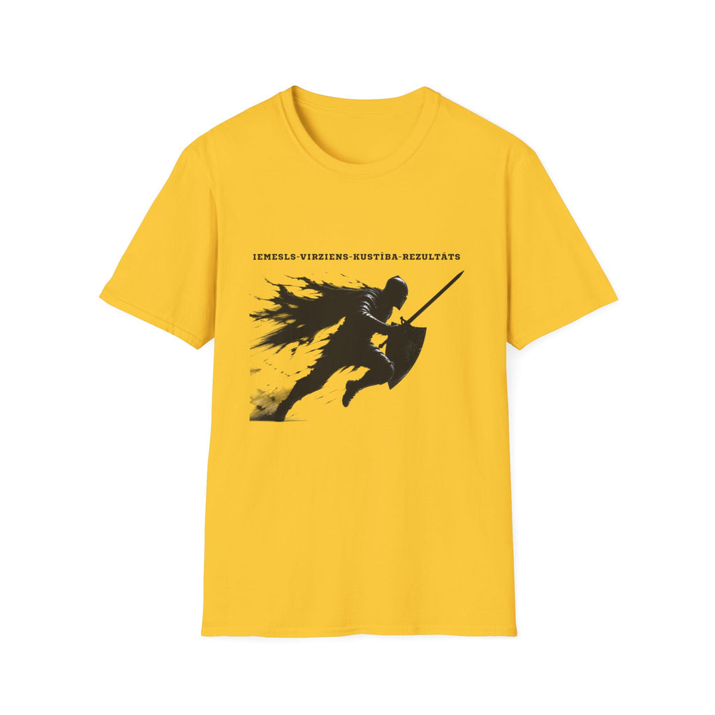 Samurai Silhouette T-Shirt — 'Iemesls‑Virziens‑Kustība‑Rezultāts' Inspirational Graphic Tee