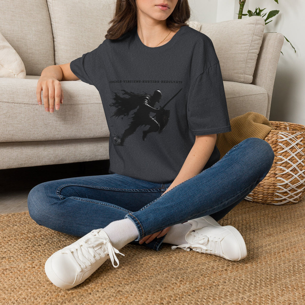 Samurai Silhouette T-Shirt — 'Iemesls‑Virziens‑Kustība‑Rezultāts' Inspirational Graphic Tee