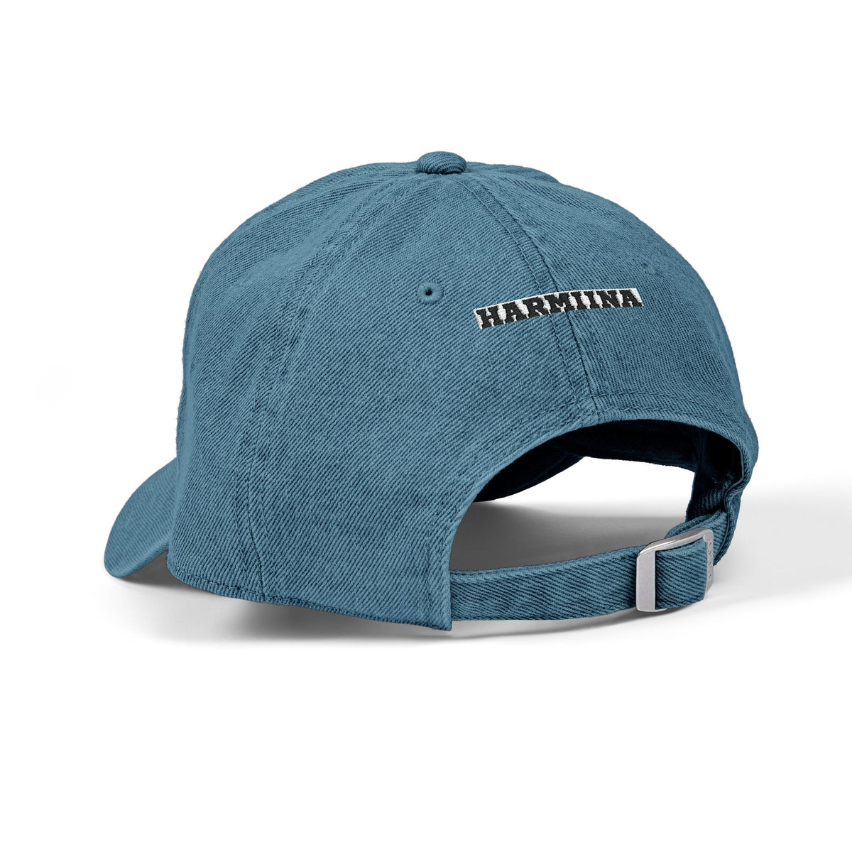 Denim Baseball Hat — Minimal Embroidered 'hi' Logo with Custom Backtext