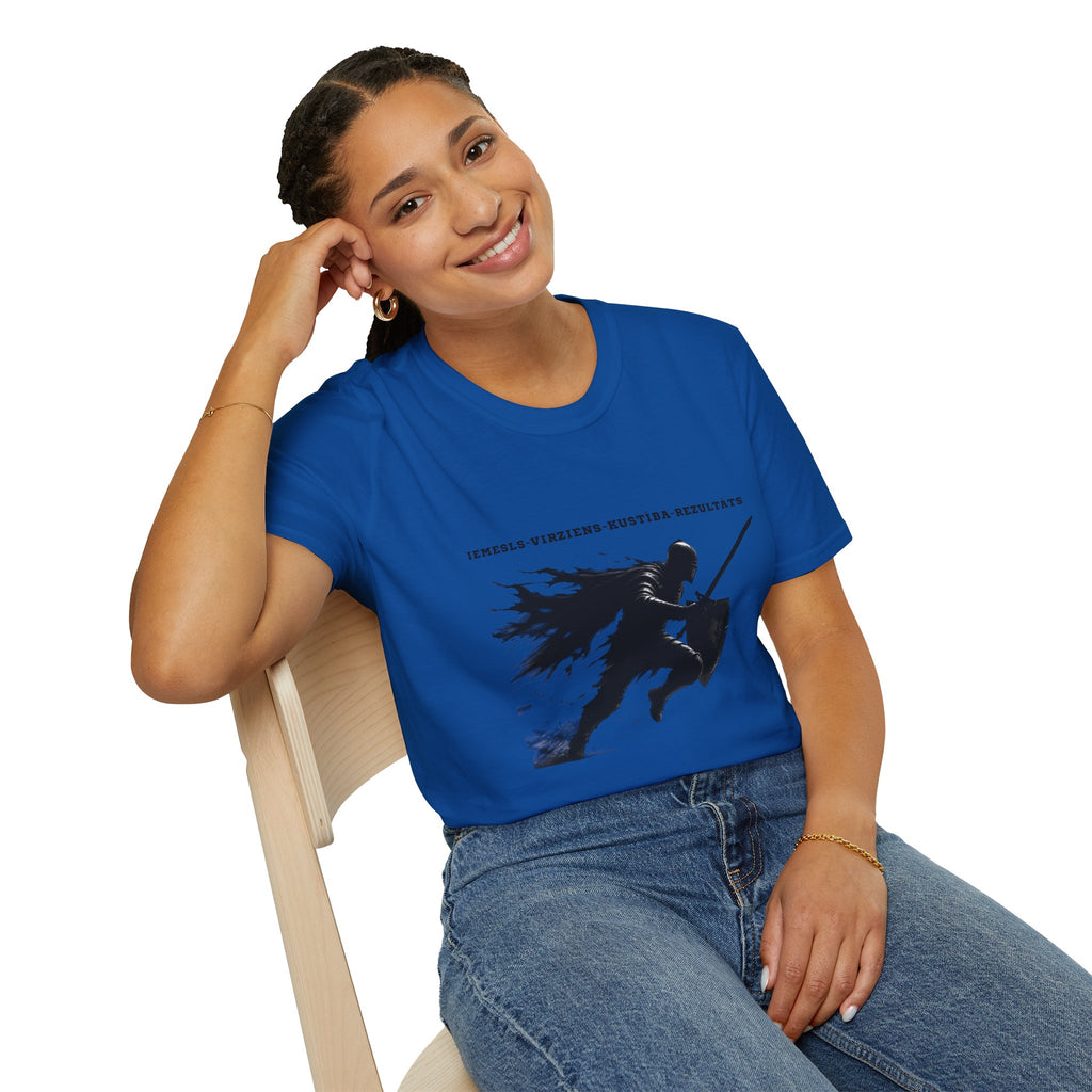 Samurai Silhouette T-Shirt — 'Iemesls‑Virziens‑Kustība‑Rezultāts' Inspirational Graphic Tee