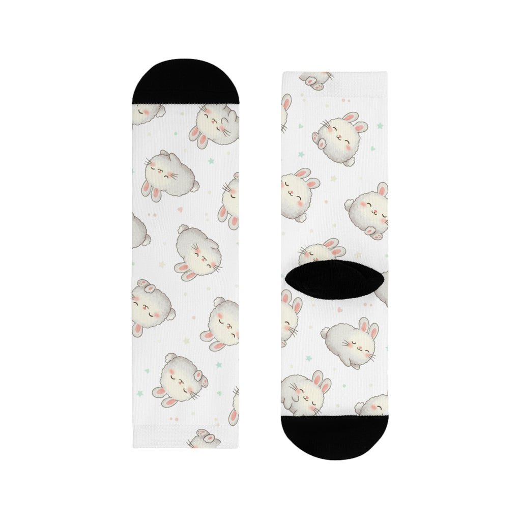 Cute Bunny Pattern Crew socks – Sublimated White Cotton Socks with Adorable Rabbit Faces