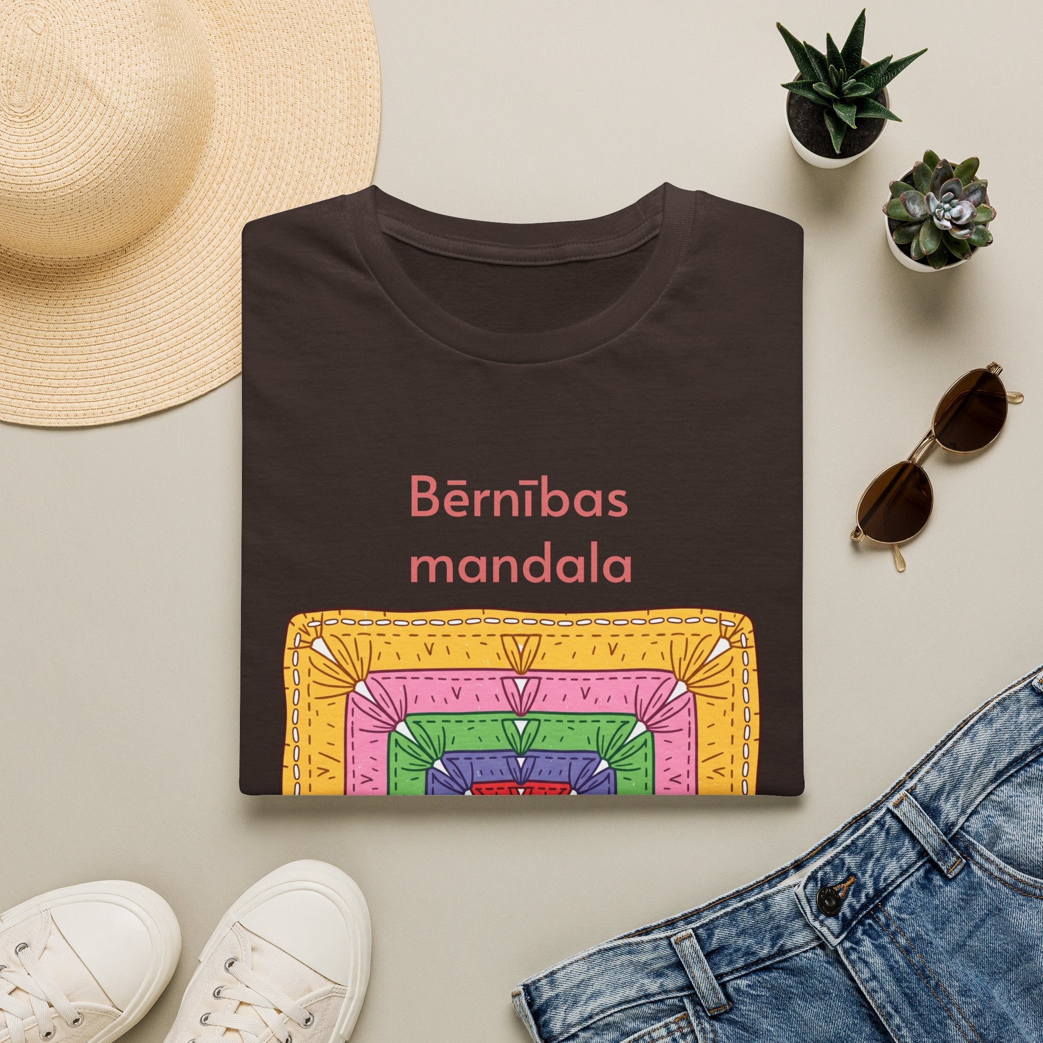 Mandala Graphic T-Shirt — 'Bērnības mandala' Colorful Square Design