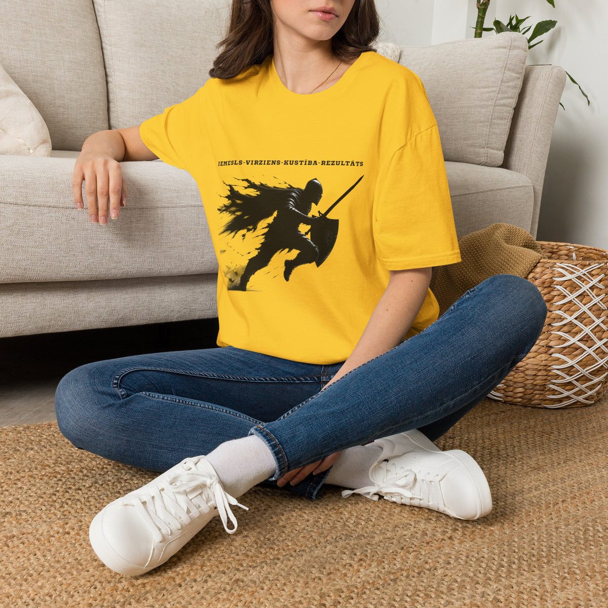 Samurai Silhouette T-Shirt — 'Iemesls‑Virziens‑Kustība‑Rezultāts' Inspirational Graphic Tee