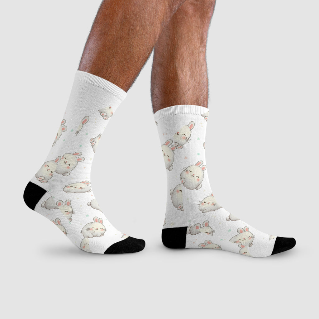 Cute Bunny Pattern Crew socks – Sublimated White Cotton Socks with Adorable Rabbit Faces