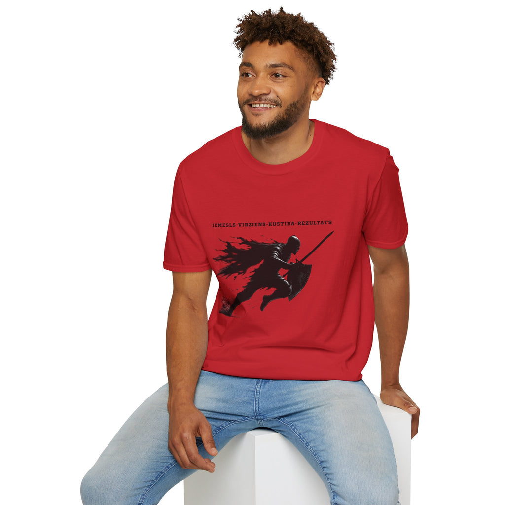 Samurai Silhouette T-Shirt — 'Iemesls‑Virziens‑Kustība‑Rezultāts' Inspirational Graphic Tee