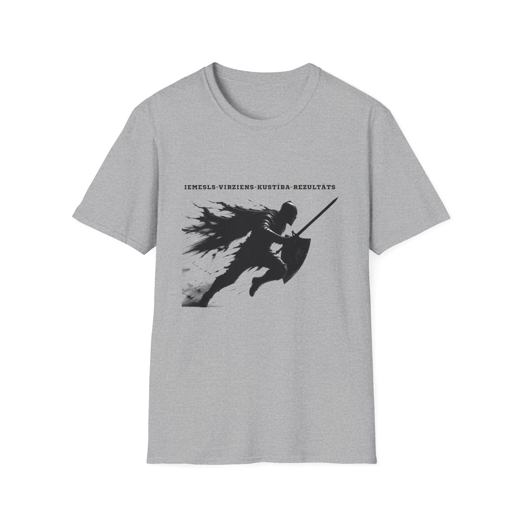 Samurai Silhouette T-Shirt — 'Iemesls‑Virziens‑Kustība‑Rezultāts' Inspirational Graphic Tee