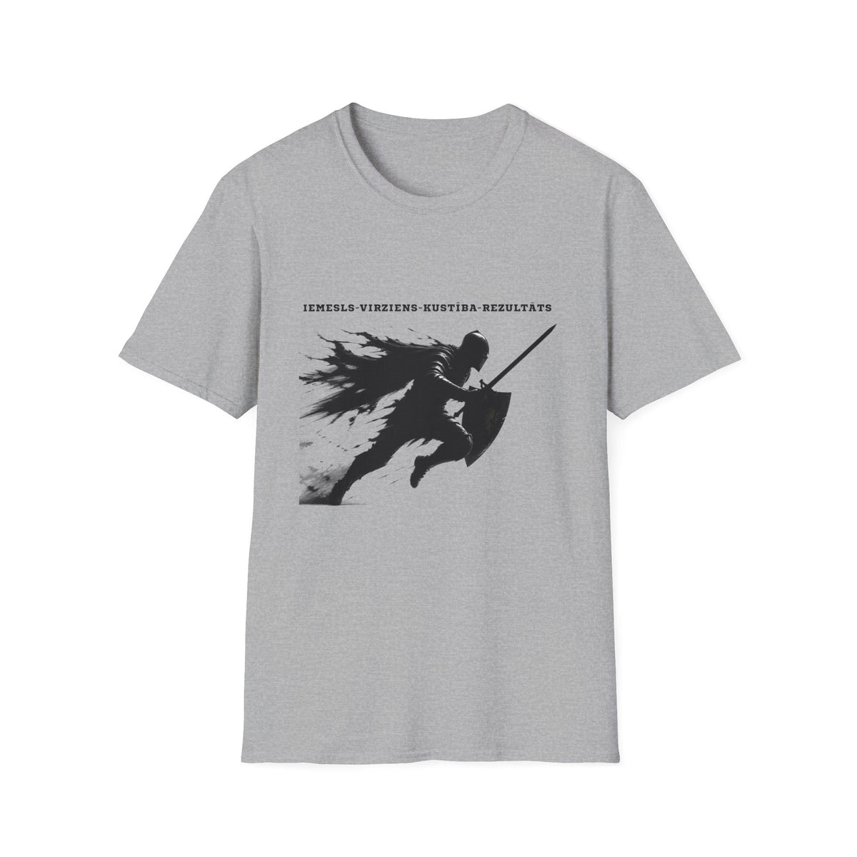 Samurai Silhouette T-Shirt — 'Iemesls‑Virziens‑Kustība‑Rezultāts' Inspirational Graphic Tee