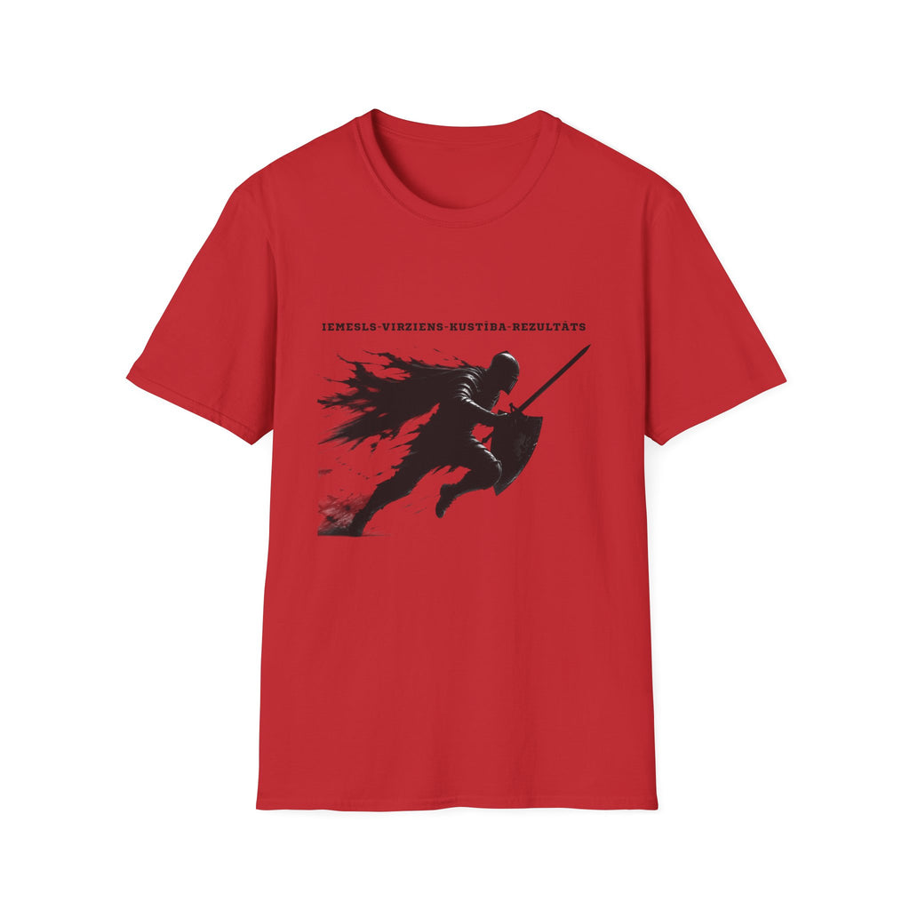 Samurai Silhouette T-Shirt — 'Iemesls‑Virziens‑Kustība‑Rezultāts' Inspirational Graphic Tee