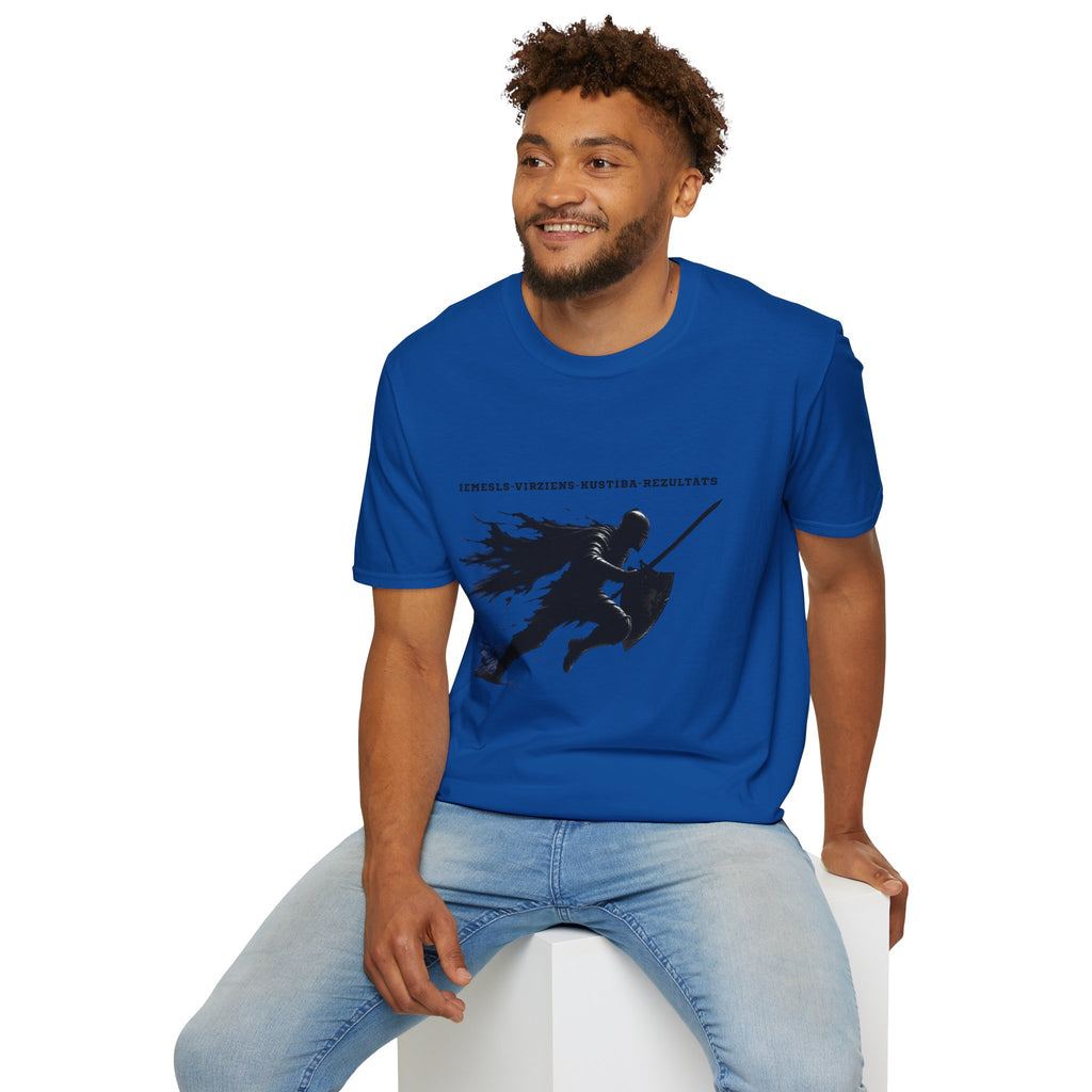 Samurai Silhouette T-Shirt — 'Iemesls‑Virziens‑Kustība‑Rezultāts' Inspirational Graphic Tee