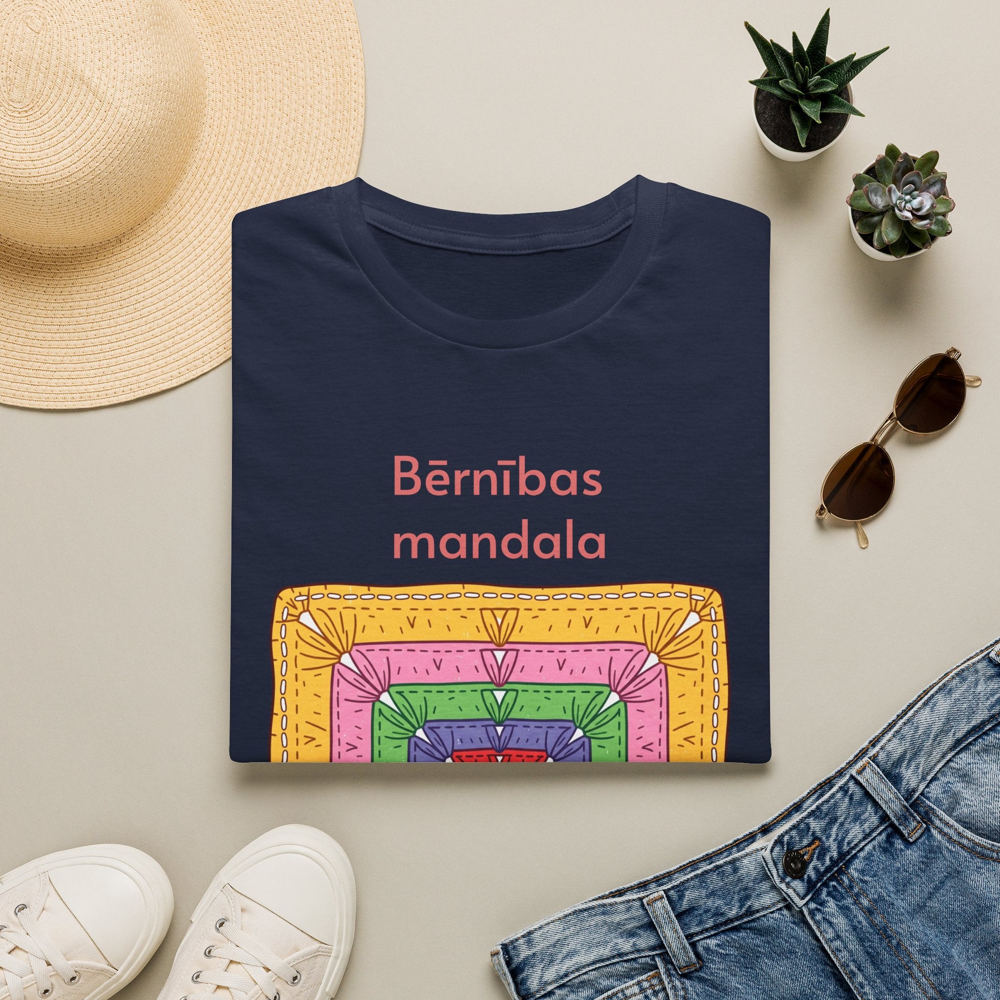 Mandala Graphic T-Shirt — 'Bērnības mandala' Colorful Square Design