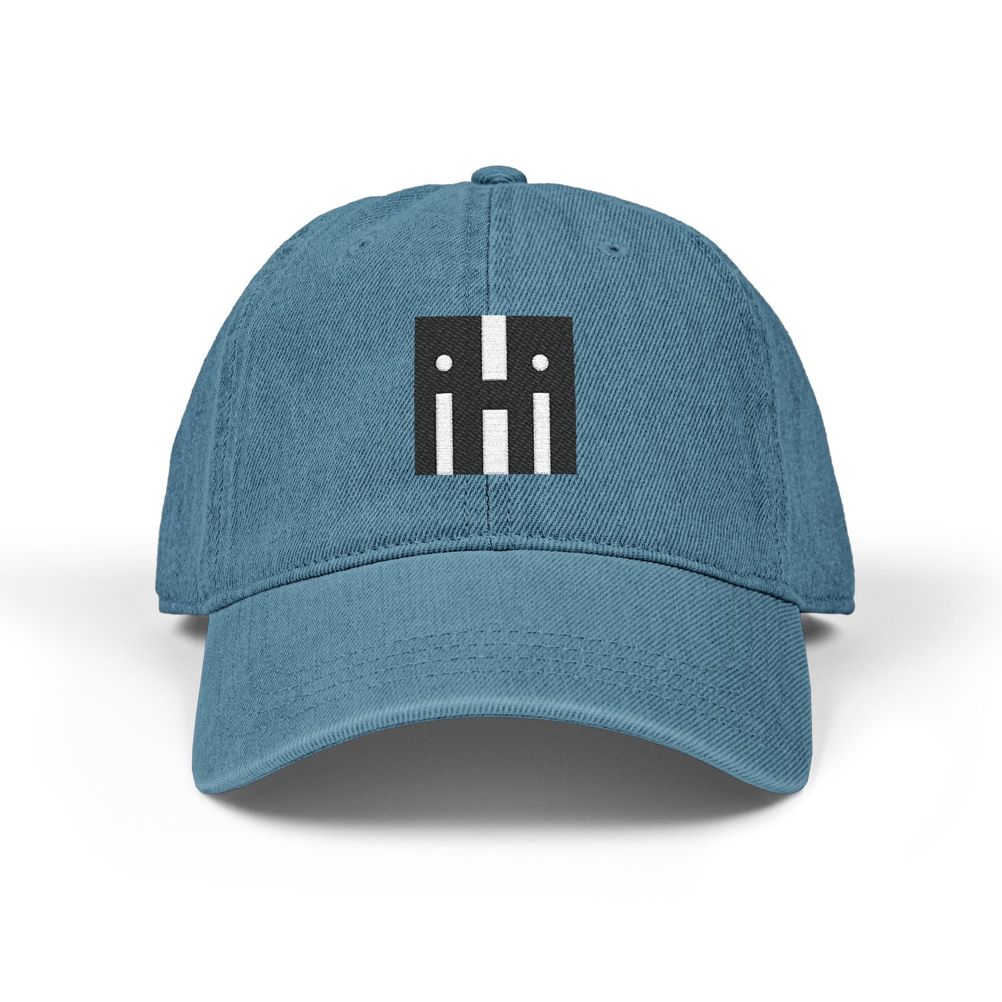 Denim Baseball Hat — Minimal Embroidered 'hi' Logo with Custom Backtext