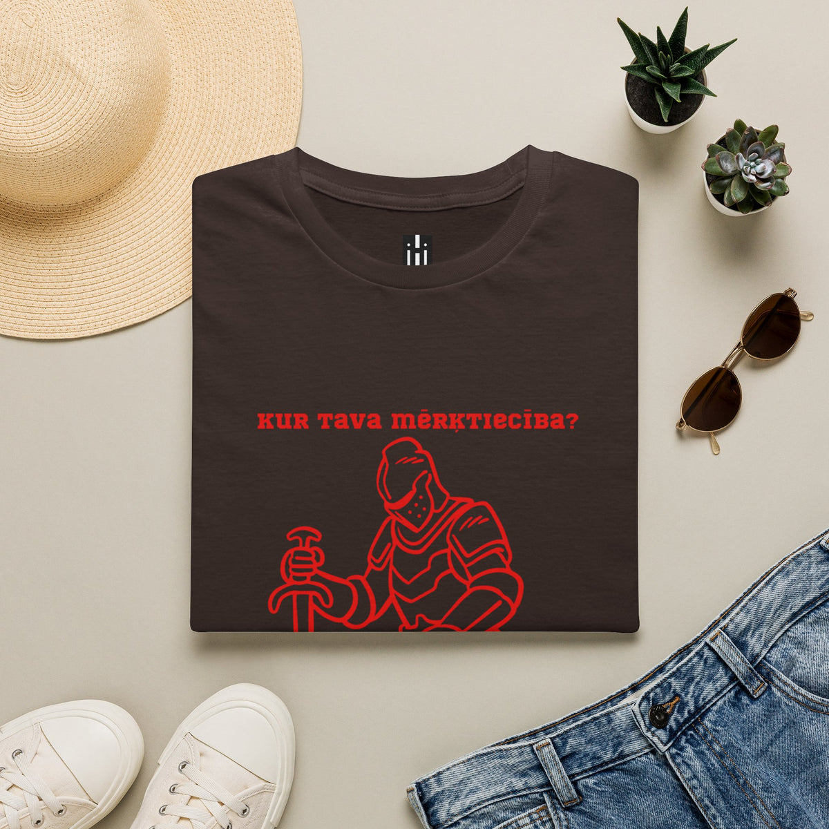 Kneeling Knight T‑Shirt – "Kur tava mērķtiecība?" Red Line Art Medieval Fantasy Tee