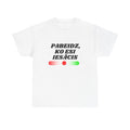 White t-shirt with black text and colored toggle button on a white background