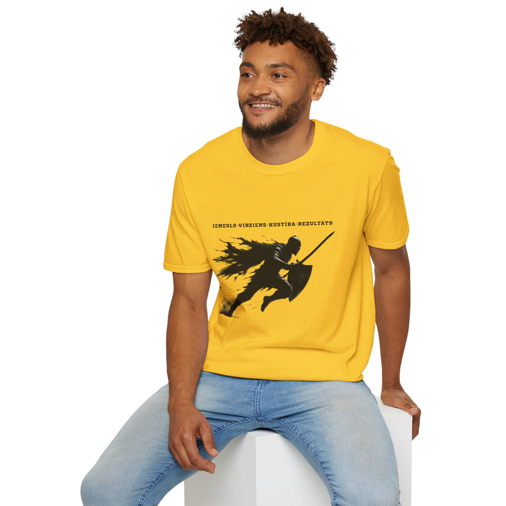 Samurai Silhouette T-Shirt — 'Iemesls‑Virziens‑Kustība‑Rezultāts' Inspirational Graphic Tee