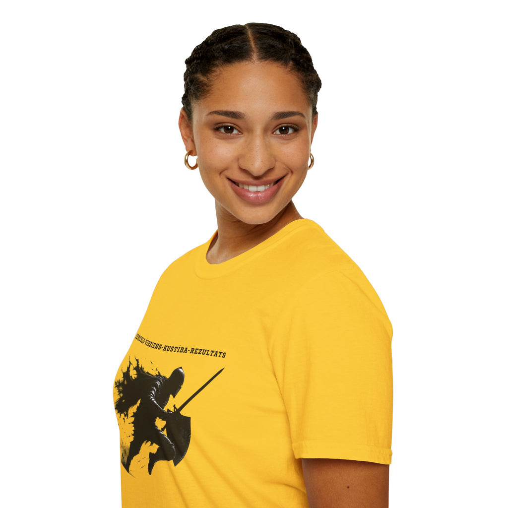 Samurai Silhouette T-Shirt — 'Iemesls‑Virziens‑Kustība‑Rezultāts' Inspirational Graphic Tee