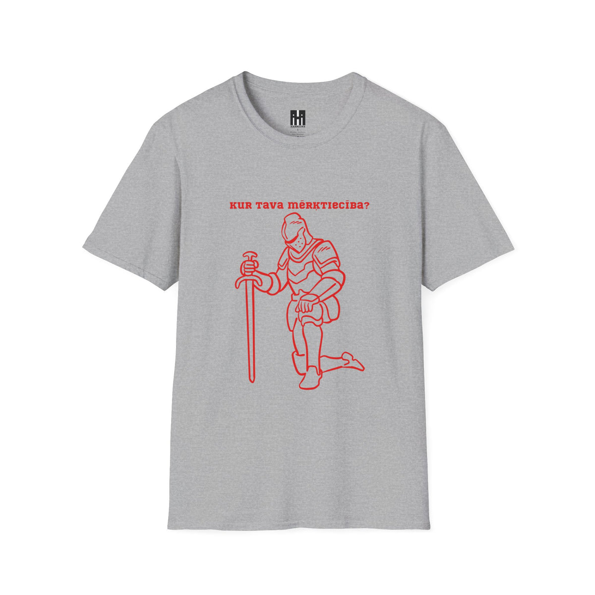 Kneeling Knight T‑Shirt – "Kur tava mērķtiecība?" Red Line Art Medieval Fantasy Tee