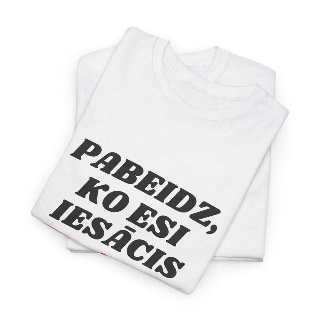 White t-shirt with black text on a white background