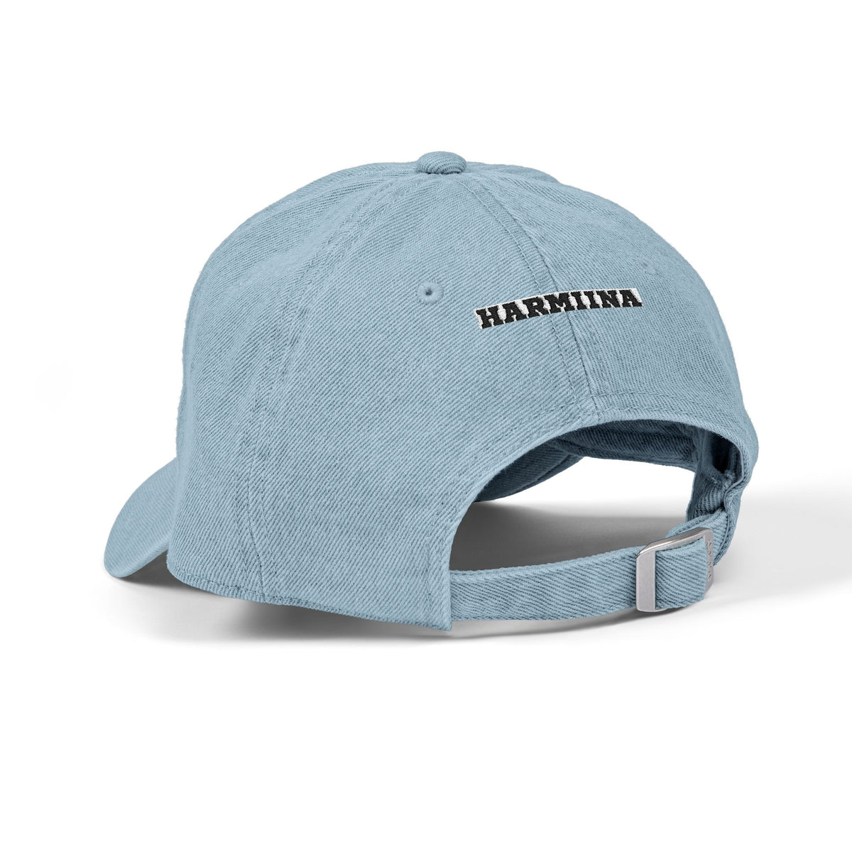 Denim Baseball Hat — Minimal Embroidered 'hi' Logo with Custom Backtext