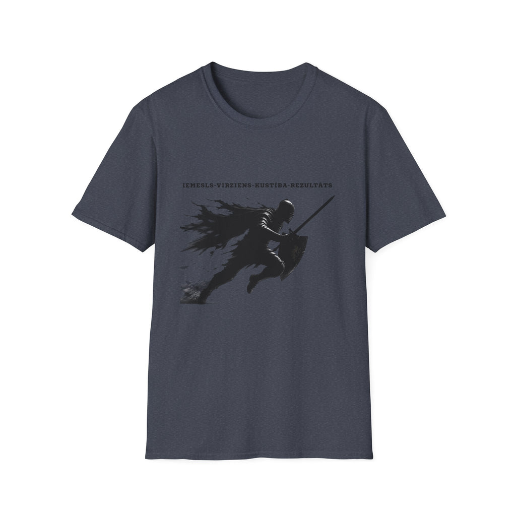 Samurai Silhouette T-Shirt — 'Iemesls‑Virziens‑Kustība‑Rezultāts' Inspirational Graphic Tee