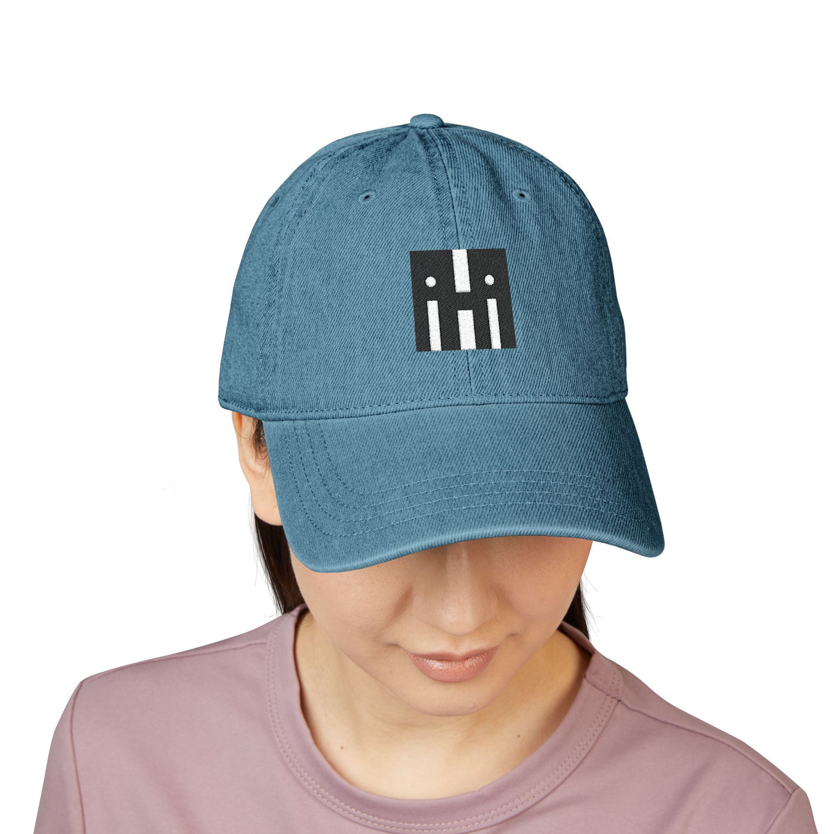 Denim Baseball Hat — Minimal Embroidered 'hi' Logo with Custom Backtext