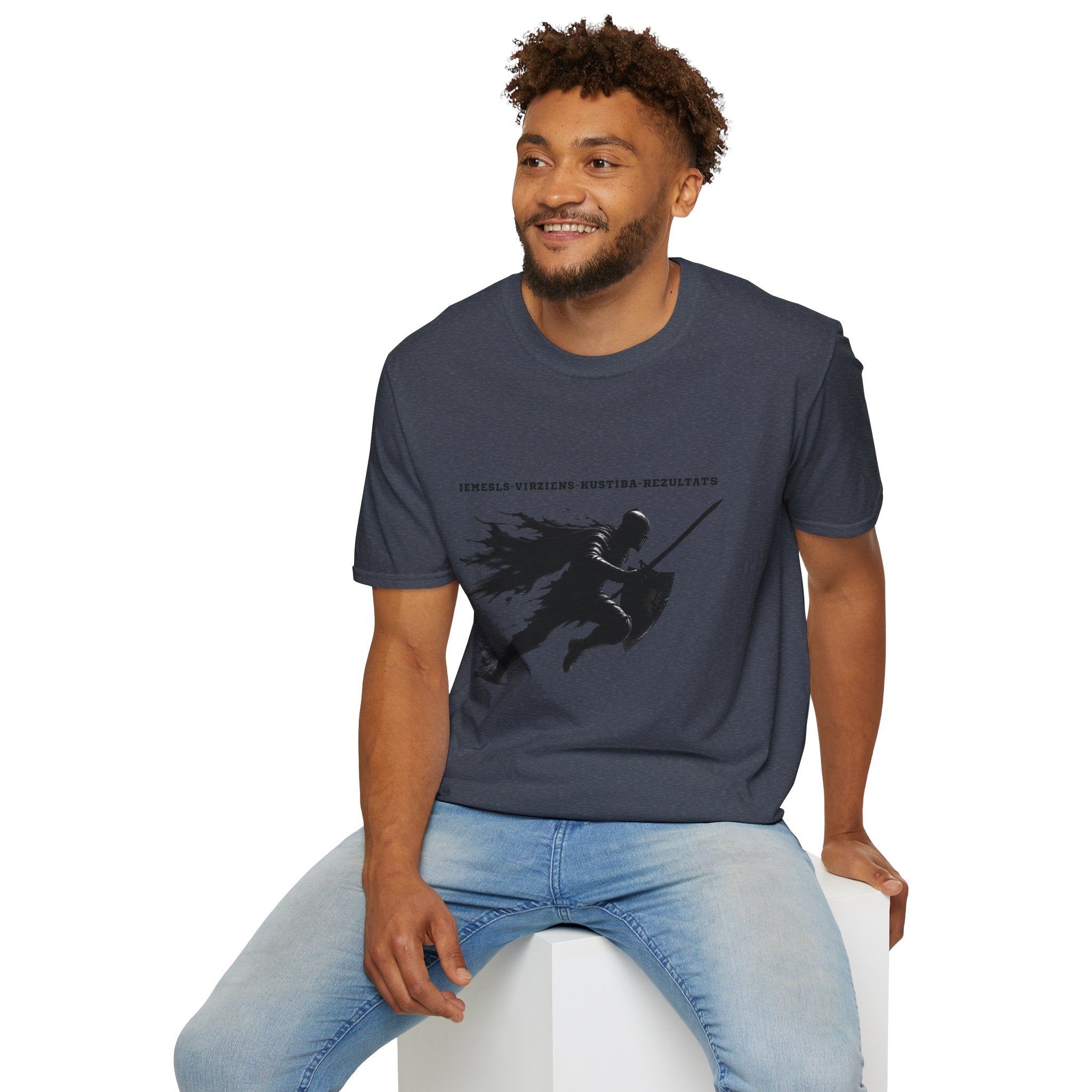 Samurai Silhouette T-Shirt — 'Iemesls‑Virziens‑Kustība‑Rezultāts' Inspirational Graphic Tee