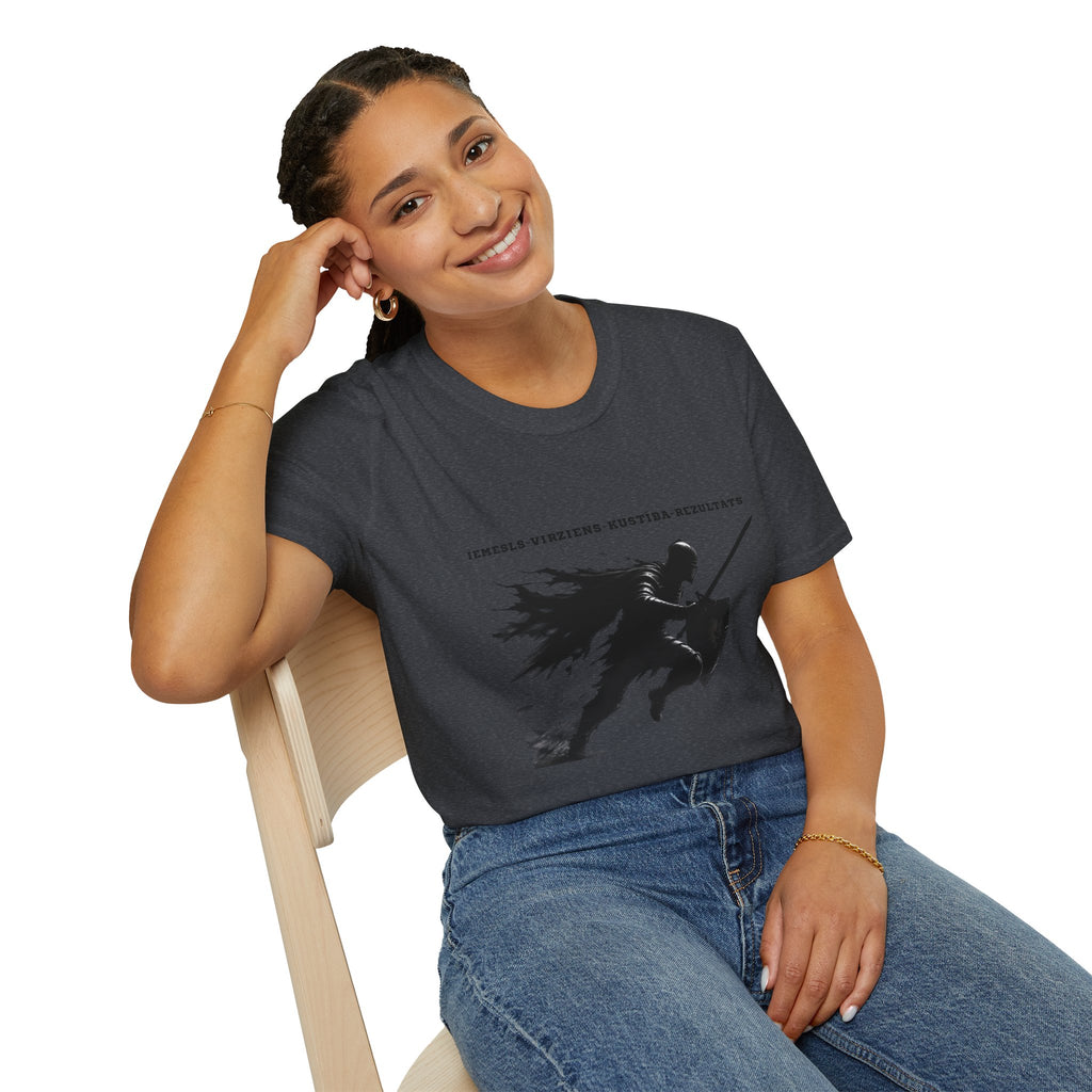 Samurai Silhouette T-Shirt — 'Iemesls‑Virziens‑Kustība‑Rezultāts' Inspirational Graphic Tee