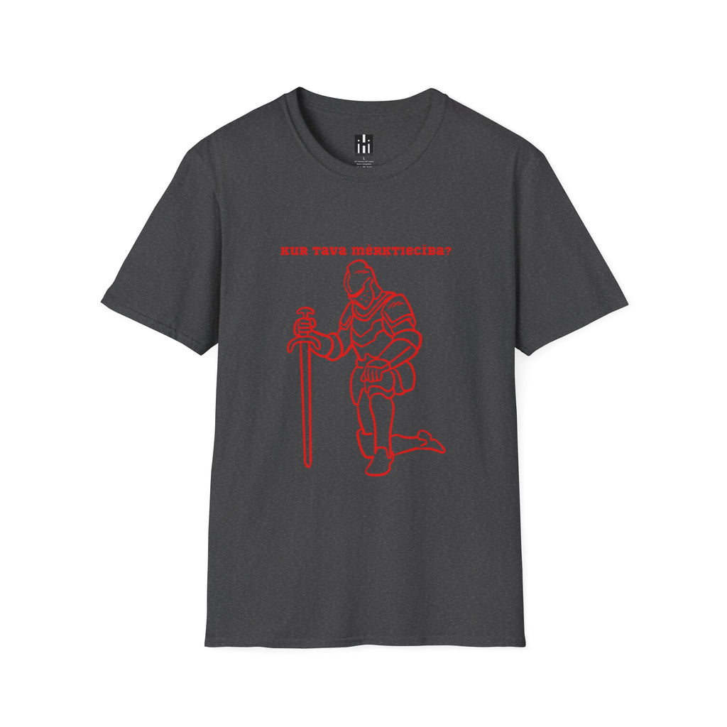 Kneeling Knight T‑Shirt – "Kur tava mērķtiecība?" Red Line Art Medieval Fantasy Tee